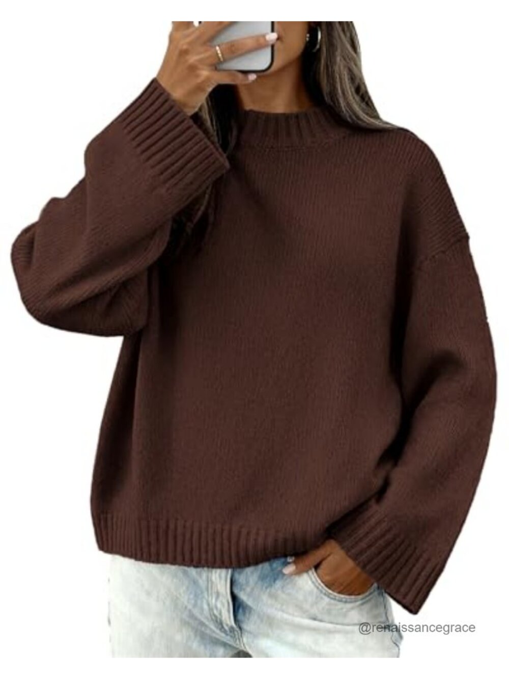 Womens Crewneck Loose Fit Long Sleeve Knit Sweater Pullover